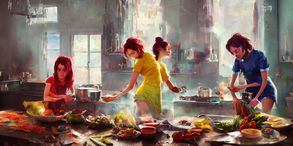 Two grazing animals in a colorful background. Two girls cooking in the foreground, with a contrasting 3-D scene behind them. Greg Rutkowski, Zabrocki, Karlkka, Jayison Devadas, and trending on Artstation, 8 k, ultra wide angle, zenith view, pincushion lens effect. remove people and replace with animals grazing on the grass