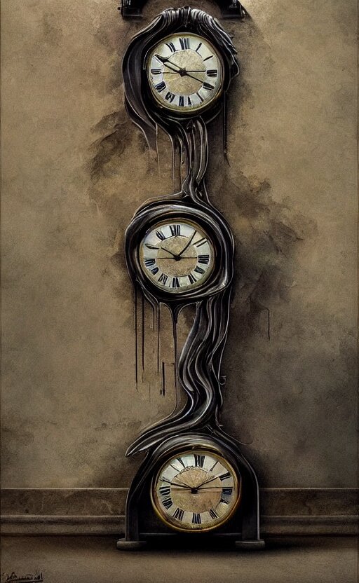 a melting Roman numeral clock in the style of the painting the persistence of memory by Salvador Dali, dynamic lighting, photorealistic fantasy concept art, trending on art station, stunning visuals, creative, cinematic, ultra detailed, turned into a Salvador Dali clocks by a creative, cinematic, ultra detailed. Turn it into a Salvador Dali clocks