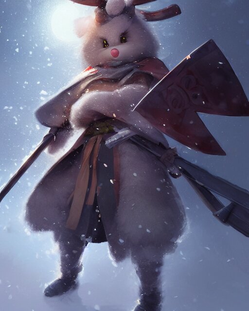 whimsical fluffy usagi warrior of hiyabusa square, scarf, cape, sword and shield, light snow, close up, details, sharp focus, elegant, highly detailed, illustration, by jordan grimmer greg rutkowski wlop maya takamura, intricate, trending artstation, pixiv, digital art 