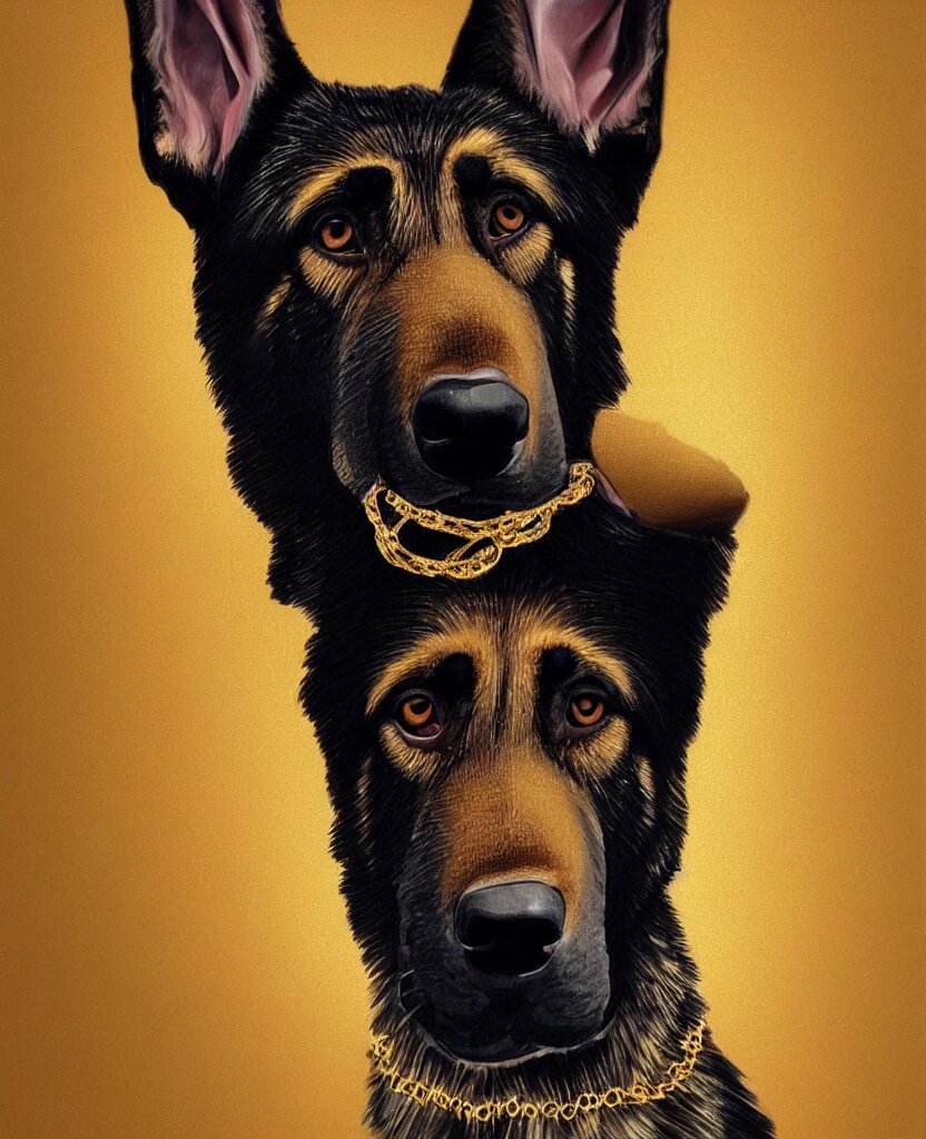 A photorealistic face portrait of a german shepard dog wearing lots of rapper style gold jewelry in style of william - adolphe bouguereau, closeup shot, headshot, closeuo portrait, symmetric, front view, looking into the camera, realistic portrait, render in unreal engine 5, octane, artstation trending, ultra high detail, ultra realistic. make it comic book