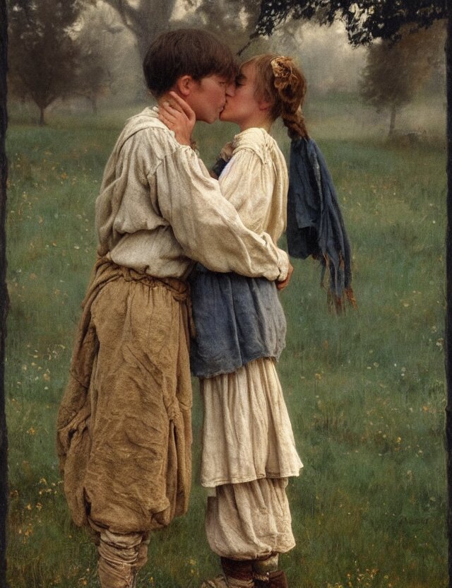 peasant boy and girl first kiss, on a village, Cinematic focus, Polaroid photo, vintage, neutral colors, soft lights, foggy, by Steve Hanks, by Serov Valentin, by lisa yuskavage, by Andrei Tarkovsky 8k render, detailed, oil on canvas