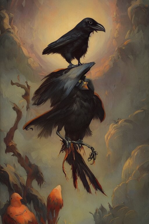 Crow fursona by Peter Mohrbacher in the style of Gaston Bussière, Art Nouveau