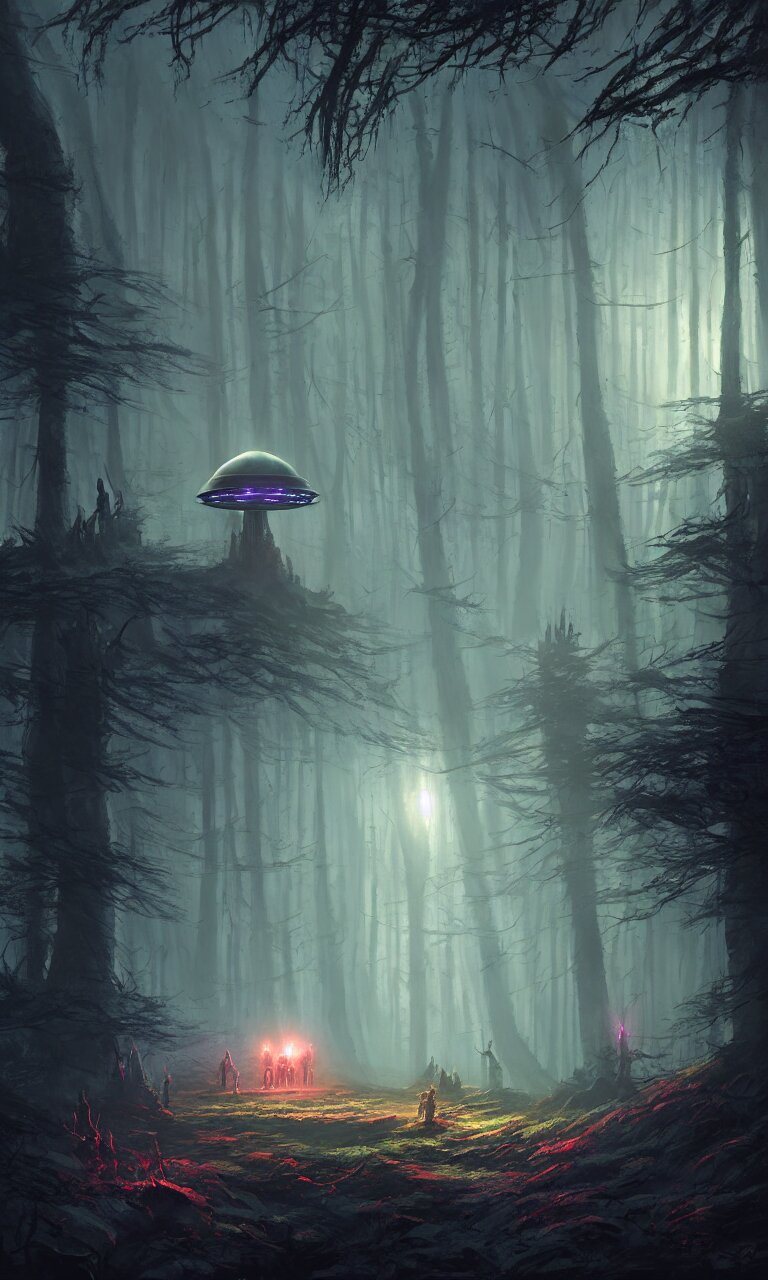 dark sci-fi UFO landing place in grim dark forest with alien visitors, demonic shrine, concept art, low angle, high detail, warm lighting, volumetric, godrays, vivid, beautiful, trending on artstation, by Jordan grimmer, huge scene, grass, art greg rutkowski