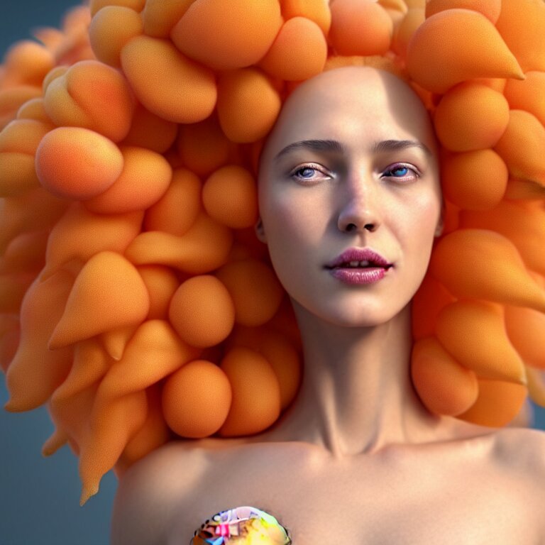 A full shot of joyful and vibrant Queen of peach fruits fairies, skin made of pale human skin. Hair made of juicy peaches. Soft details. Wide angle. clear eyes. Octane Render. art nouveau. 4k. 8k. UHD. Detailed. Refined, Highly Detailed, soft blur background. Face by Otto Schmit. Trending on artstation.
