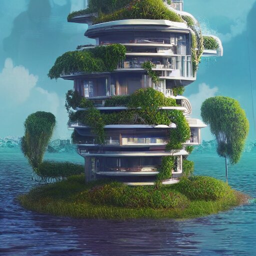 A beautiful private futuristic overgrown tiny island high rise mansion rising from a wavy lake, an ornate mini-yacht offshore, by beeple and stalenhag and Lee madgwick and Phil straub, trending on artstation