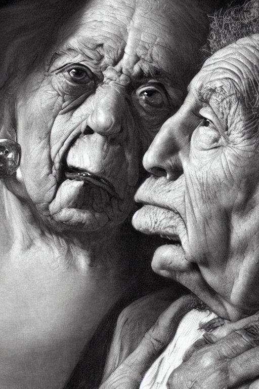 “a moody oil photo of a dog and two old woman in human-animal fusion of skin and hairs, moody caressing close-up color photo by "jan saudek”