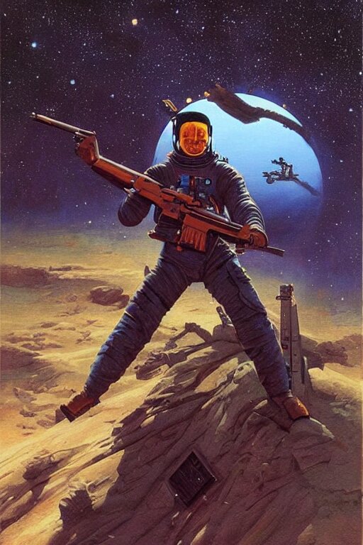 A painting of a spaceman holding a rifle, concept art by michael whelan and tim white and vincent di fate, featured on deviantart, space art, concept art, sci - fi, cosmic horror
