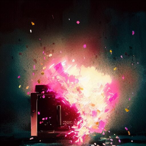a pink microwave exploding with confetti, dramatic lighting, illustration by greg rutkowski, yoji shinkawa, 4 k, digital art, concept art, trending on artstation 