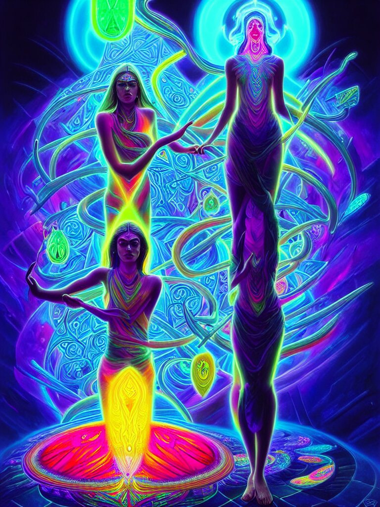 epic scale cinematic full view chromaticity dmt being alex grey character concept of a beautiful colorful crystals powder liquids, glowing fluorescent velvet neon blacklight hues and saturation, sacred dmt color deity visionary fantasy art by greg rutkowski android jones artgerm alphonse max chroma rule of thirds golden ratio sacred geometry ai generated art 
