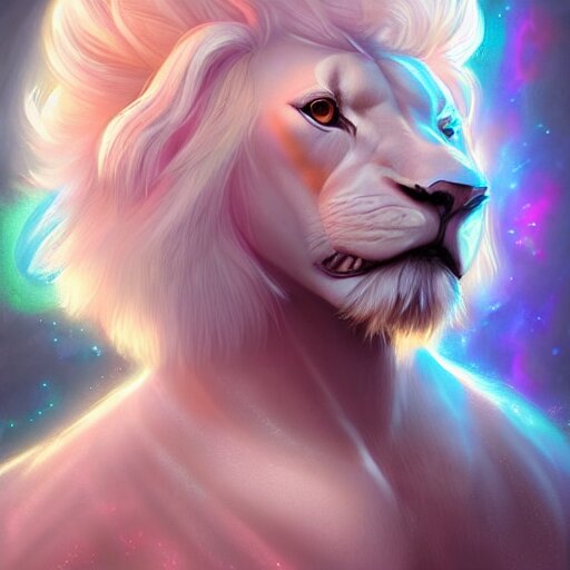 aesthetic portrait commission of a albino male furry anthro lion wearing a cute holographic iridescent tight full body silky reflective outfit with bubble patterns over it,  cozy Atmosphere. Character design by charlie bowater, ross tran, artgerm, and makoto shinkai, detailed, inked, western comic book art, 2021 award winning painting