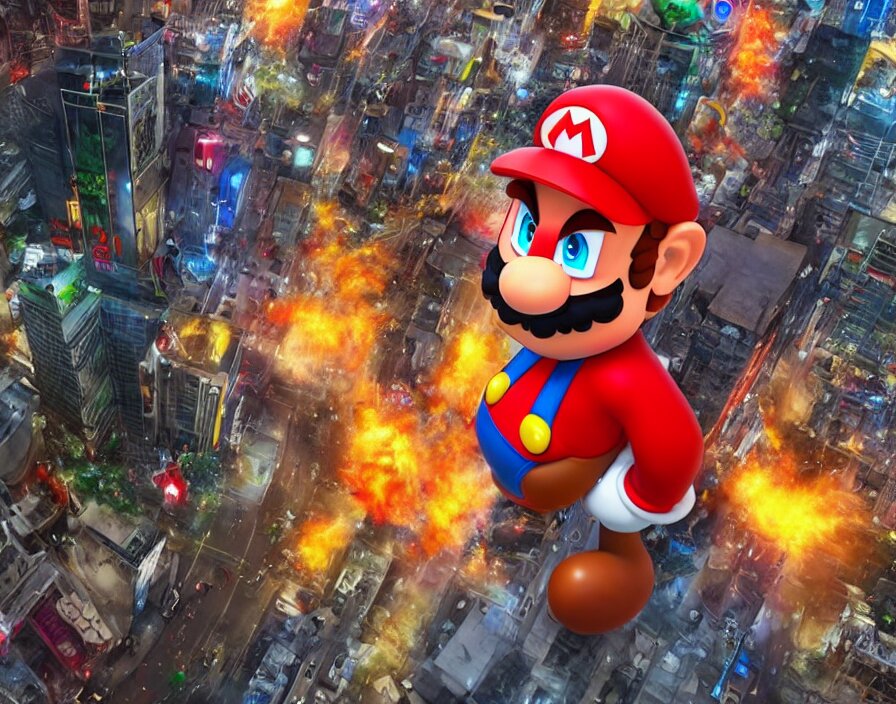 giant mario destroying the city in japan, realistic 3 d, hd, hdr, ue 5, ue 6, unreal engine 5, cinematic 4 k wallpaper, 8 k, ultra detailed, by popular digital, details, beautiful image ever created, high resolution, artstation, award winning