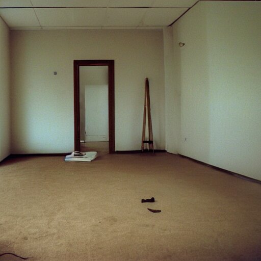 The ghost in the center is the only thing in these empty rooms - liminal space, shot on a low quality camera from early 2000s. show a ghost in the center