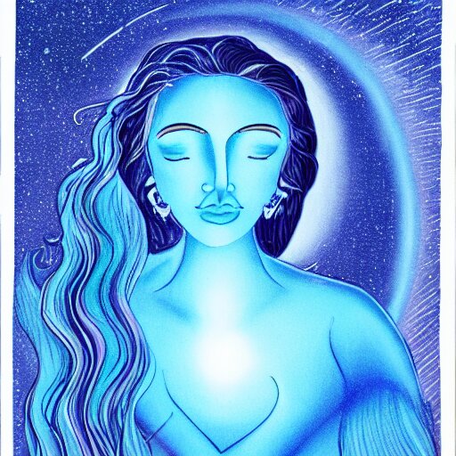 a giant beautiful glowing blue goddess drifting in the night sky