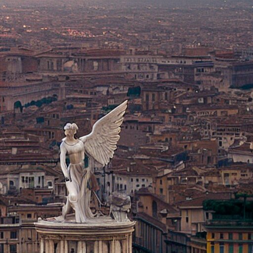 An Angel from a Michelangelo painting flies over the cityscape of Rome. He looks tired. Filmed in the style of Wim Wenders. Cinematic, 50mm, highly intricate in technicolor