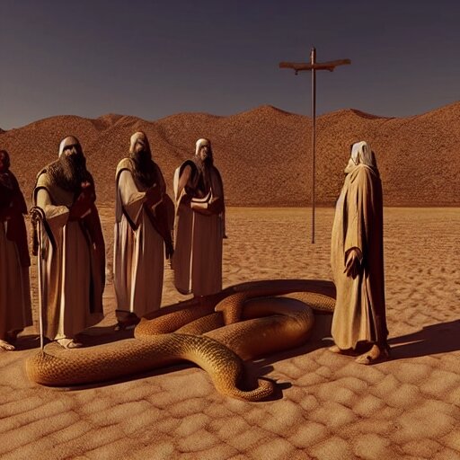 moses and the hebrew people in desert praising a golden snake, cinematic view, ultra hd 