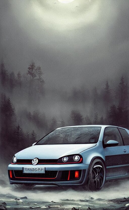 a beautiful artwork illustration, volkswagen golf gti inspired by slavic culture, volumetric fog, godrays, high contrast, high contrast, high contrast, vibrant colors, vivid colors, high saturation, by Greg Rutkowski and Jesper Ejsing and Raymond Swanland, featured on artstation, wide angle, vertical orientation