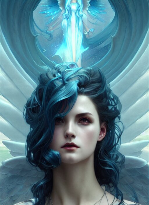 a beautiful cinematic female archangel queen, fantasy sea landscape, fantasy magic, short aqua blue black fade hair, dark light night, intricate, elegant, sharp focus, illustration, highly detailed, digital painting, concept art, matte, art by WLOP and Artgerm and Greg Rutkowski and Alphonse Mucha, masterpiece