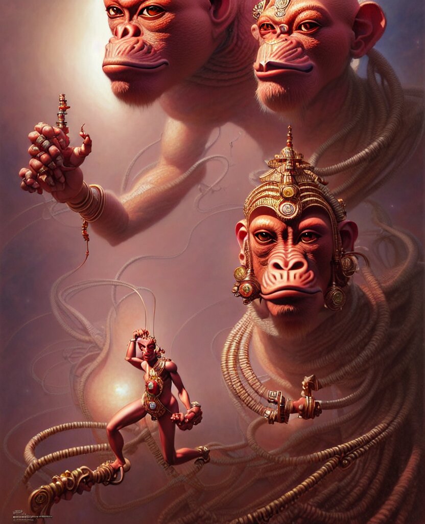 beautiful hanuman fantasy character portrait, ultra realistic, wide angle, intricate details, the fifth element artifacts, highly detailed by peter mohrbacher, hajime sorayama, wayne barlowe, boris vallejo, aaron horkey, gaston bussiere, craig mullins make it a Marvel superhero