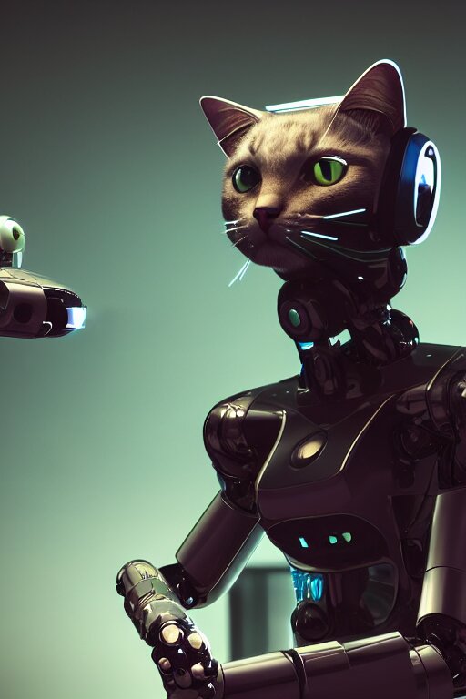 robotic cat with a computer mouse in his mouth. cinematic, cyberpunk, digital art, blender, octane render, volumetric lighting, 8 k, detailed, trending on artstation 