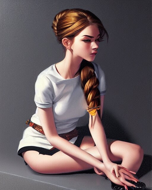 a ultradetailed beautiful panting of a stylish woman sitting on the floor, highly detailed face, french braid hairstyle, by ilya kuvshinov