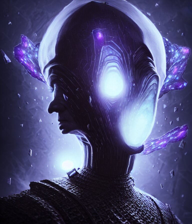 impressive ominous front shot photo of a court jester character fine portrait fine portrait mesmerizing fractal hyper cubes platinum cracked dark future hyper dimensional space galactic crystal nebula edges elegant detailed intricate concept artstation sharp focus ray tracing cinematic masterpiece temporal corruption beeple wlop germ 8 4 k scifi glossy hyper realistic illustration