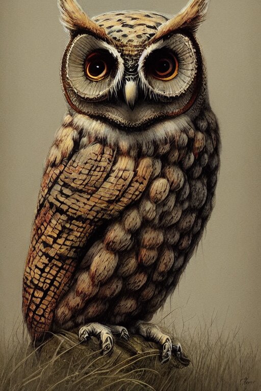 Painting of Hybrid Bee-Owl by Zdzislaw Beksinski by Lewis Jones by Mattias Adolfsson, Cold Hue's, Warm Tone Gradient Background Concept Art, Beautiful Composition, Digital Painting. Add a spiel about the painting before the image.