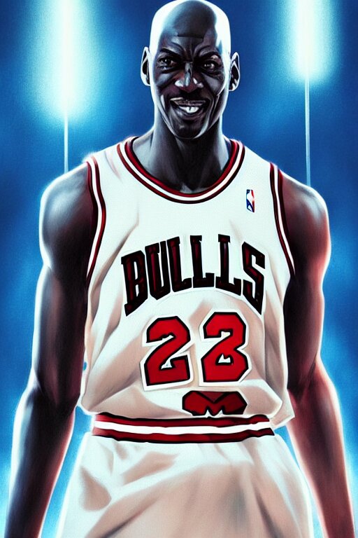 Manga cover art of Michael Jordan with detailed color portrait by Greg Rutkowski on Artstation trending. 8k. Make him look like real Michael Jordan