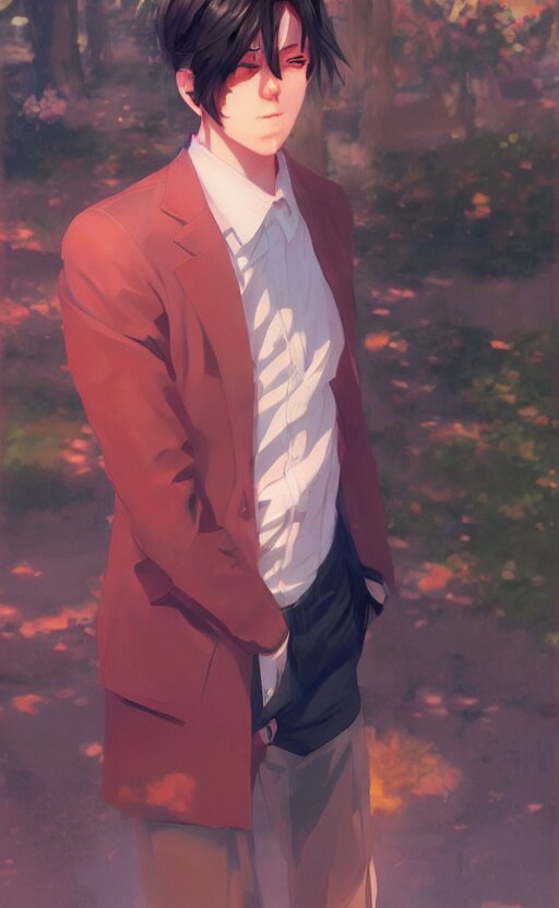 a portrait of a male character on a park, vivid colors, soft lighting, atmospheric, cinematic, moody, in the style of ilya kuvshinov and range murata, krenz cushart, rule of thirds, oil on canvas, 8 k