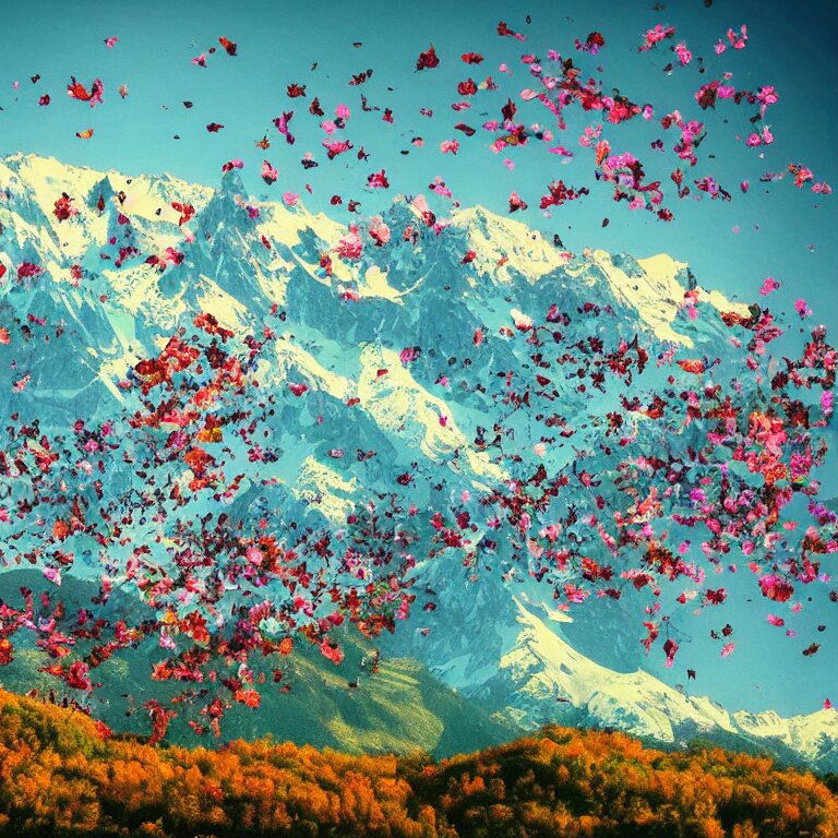 a beautiful awesome artistic tree with falling flowers like leaves and many birds, all in the amazing outdoors view, mountain in the background, lake, long exposure, 8 k resolution, trending on artstation 