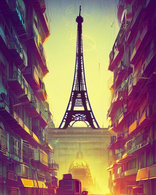 beautiful painting of a cyberpunk paris inspired by phillipe stark, art by mike winkelmann, golden hour, illustration, highly detailed, simple, smooth and clean vector curves, no jagged lines, vector art, smooth, artstation