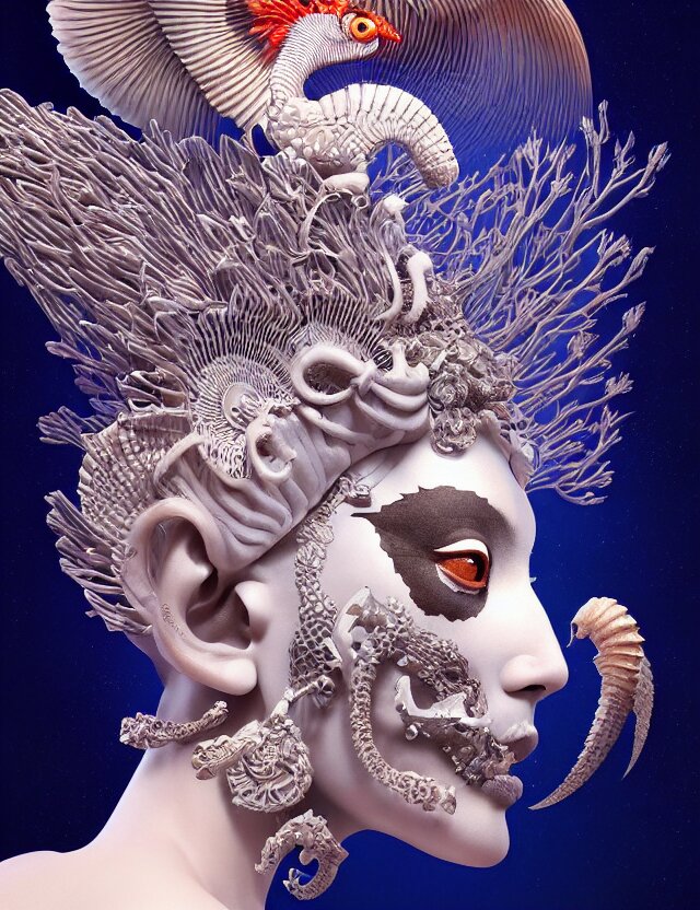 3 d goddess close - up profile portrait with ram skull. Beautifully detailed Japanese crow kitsune mask and classical Japanese kimono. Betta fish, jellyfish phoenix, bio luminescent, plasma, ice, water, wind, creature, artwork by Tooth Wu and Wlop and Greg Rutkowski. Add rain and thunder