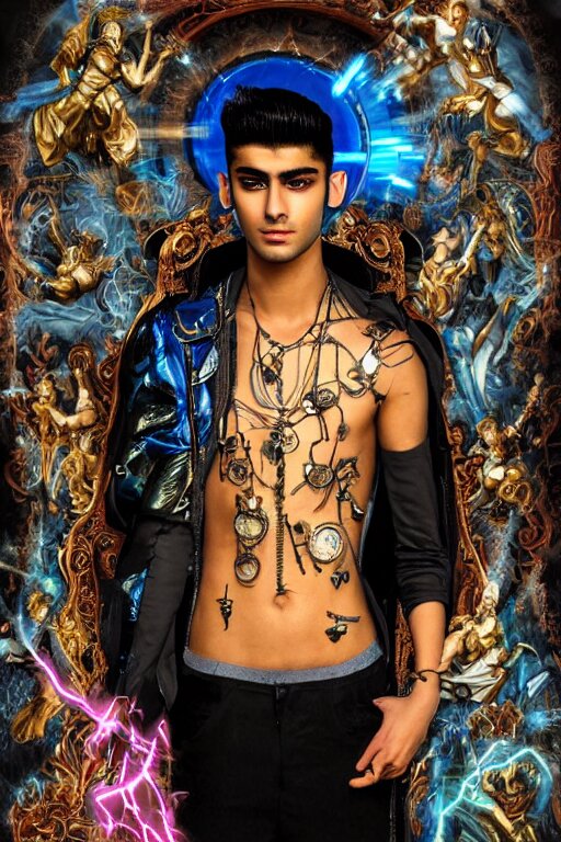 full-body cyberpunk style sculpture of a young handsome Zayn Malik as a half prince half android with a chest opening exposing circuitry and electric sparks, glowing pink eyes, crown of blue flowers,  flowing salmon-colored silk, fabric, raptors. baroque elements. full-length view. baroque element. intricate artwork by caravaggio.  many many birds birds on  background. Trending on artstation, octane render, cinematic lighting from the right, hyper realism, octane render, 8k, depth of field, 3D make him look like a real Zayn malik