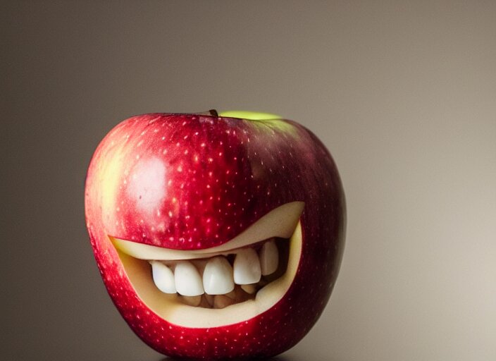 photo still of an apple with human teeth, 8 k, studio lighting bright ambient lighting key light, 8 5 mm f 1. 8