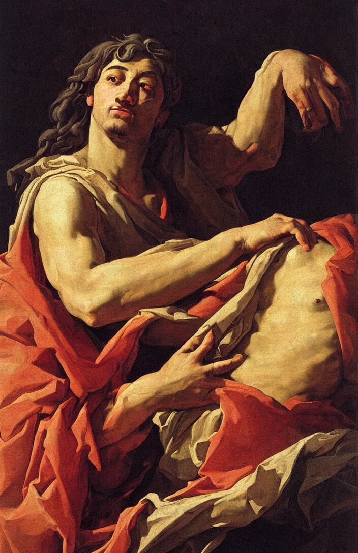 expressive painting portrait of sad king with regret, dramatic light, intricate details, classicism style, digital art by simon vouet and nicolas poussin