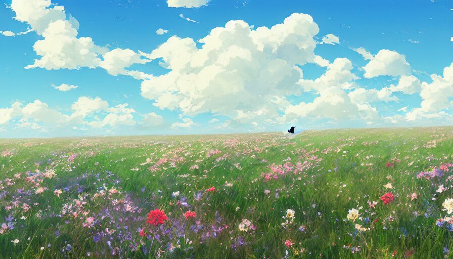 a field of beautiful flowers, fluffy white clouds in the blue sky on a beautiful windy day, trending on pixiv fanbox, painted by greg rutkowski makoto shinkai takashi takeuchi studio ghibli 