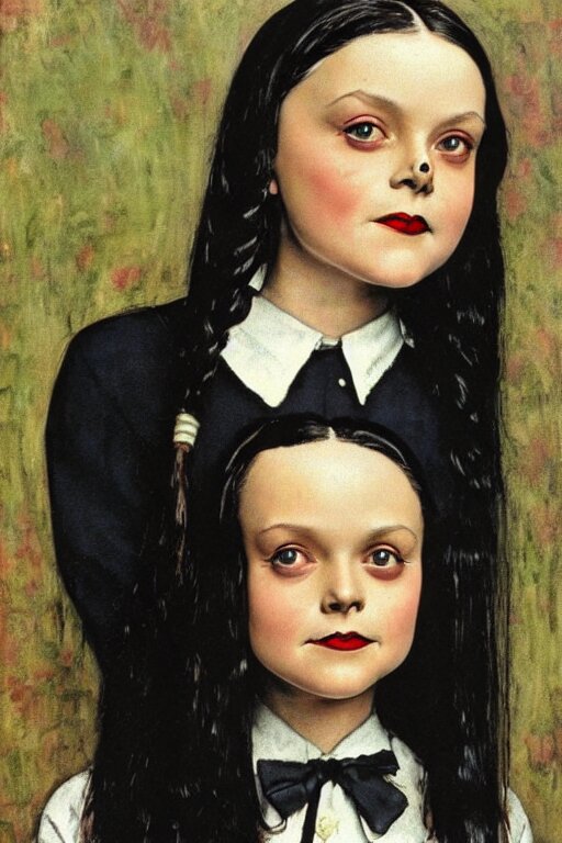 wednesday addams from the Addams family painted by norman rockwell turn into dragons