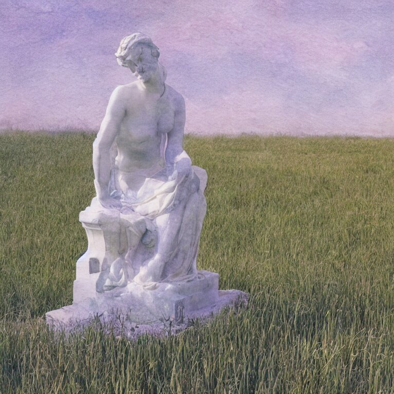 a marble statue stained with watercolor in a field of grass, film photo, soft lighting album cover, nostalgia, gradient