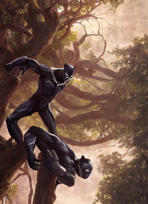 Black Panther in a tree looking directly at you, tiger render, concept art, smooth, sharp focus, illustration, rule of thirds, from Marvel Studios, by Ruan Jia and Mandy Jurgens and William-Adolphe Bouguereau, Artgerm. turn the black panther into a white tiger