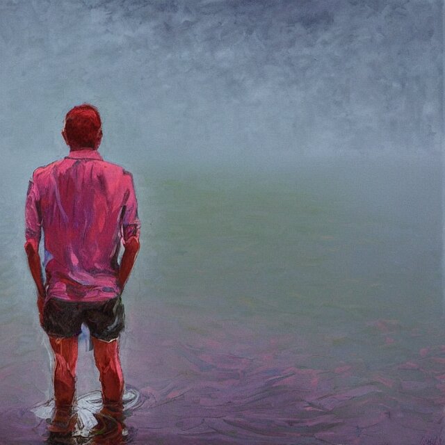 portrait of man in shorts standing in a shallow river by francoise nielly, foggy, depth, strong shadows, stormclouds, illuminated focal point, highly detailed