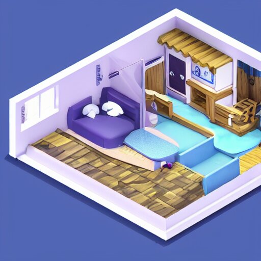 small cute mobile game house, blue and purple scheme, 1 0 0 mm, 3 d render, isometric, diorama, blue background,