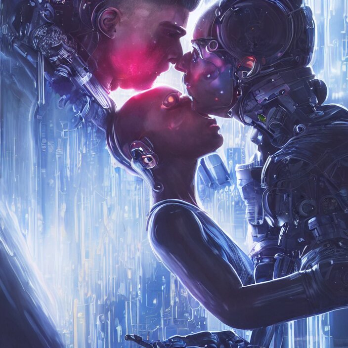 ultra realistic medium shot of a couple of cyborgs kissing, falling in love, lovers, cyberpunk, sci - fi, fantasy, kodak, colour led, soft light, volumetric lighting, night, intricate, elegant, highly detailed, digital painting, artstation, concept art, smooth, sharp focus, illustration, art by artgerm and greg rutkowski and alphonse mucha