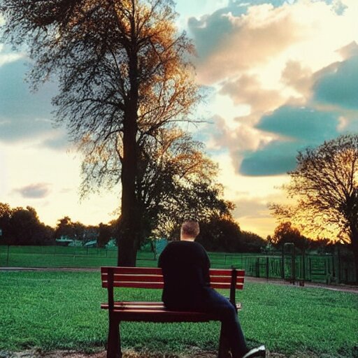 1 9 9 0 s Candid 3 5 mm Photo of a Man Sitting on a Bench in a Park Writing in a Notebook, Cinematic Lighting, Cinematic Look, and Epic and colorful Clouds, Petrified by Petra Collins, Hyper Realistic. Improve the lighting, reduce the contrast.