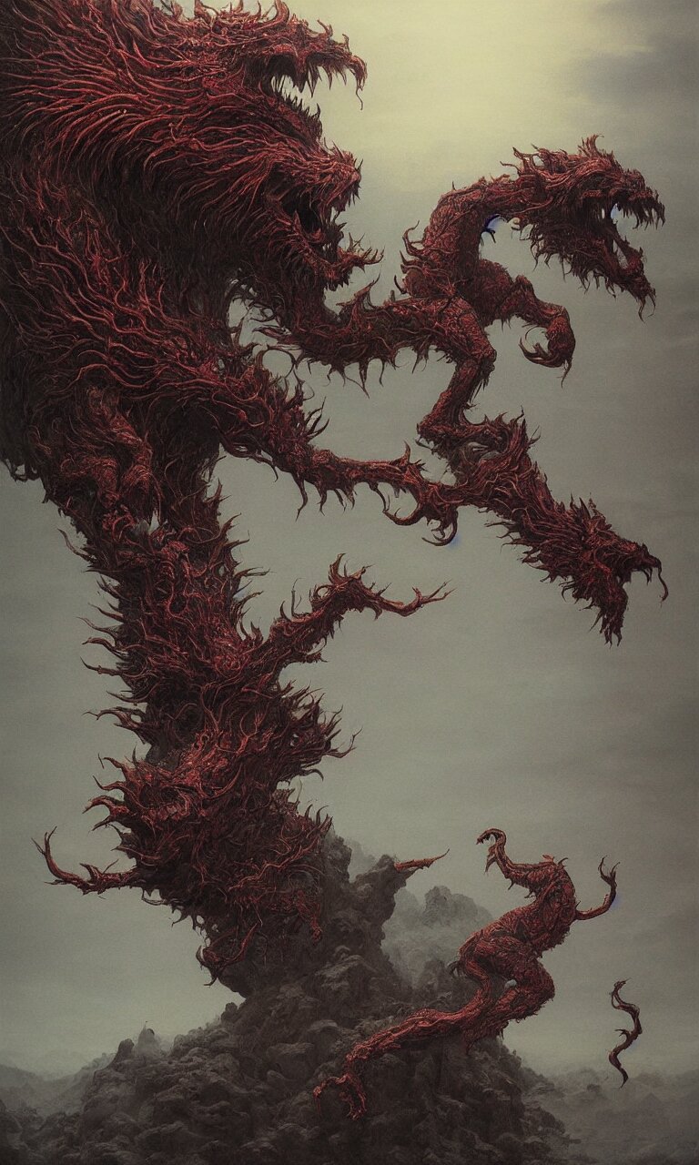 0 Immortal Beast from Chinese Mythology - by igor wolski, as featured on ArtStation, Religious Deity Images in Stunning Environment, Detailed, by beksinski, francis bacon. add a flying dragon