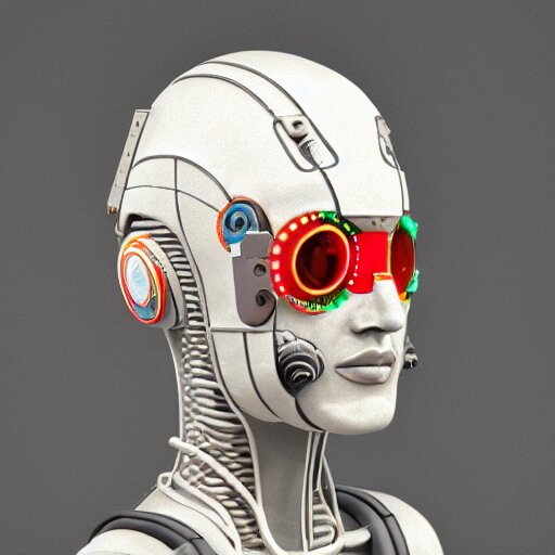 a claymodel of a dieselpunk aztec futuristic robot head wearing an emotiv eeg - headset, 8 k, front shot, symetrical, flourescent colors, halluzinogenic, multicolored, insanely detailed, front shot, bust shot, 3 d render, octane the head is now radioactive!