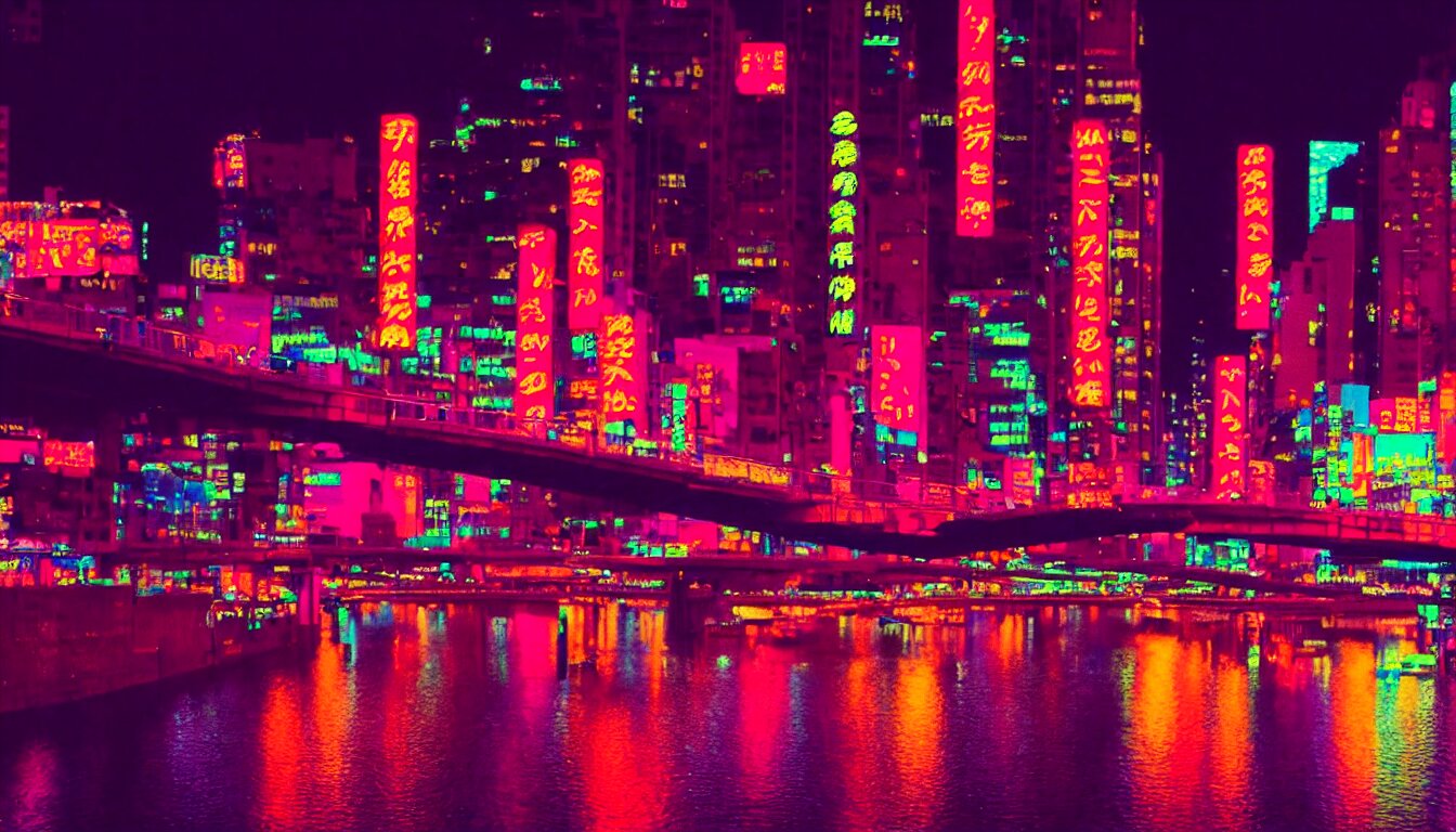 Woman wearing a kimono looks over a river, city with neon lights is in front of her. 80s neon movie still. hyperrealistic, high definition, medium format photography, highly detailed, tehnicolor, anamorphic 50mm lens with a mustache. give her a mustache