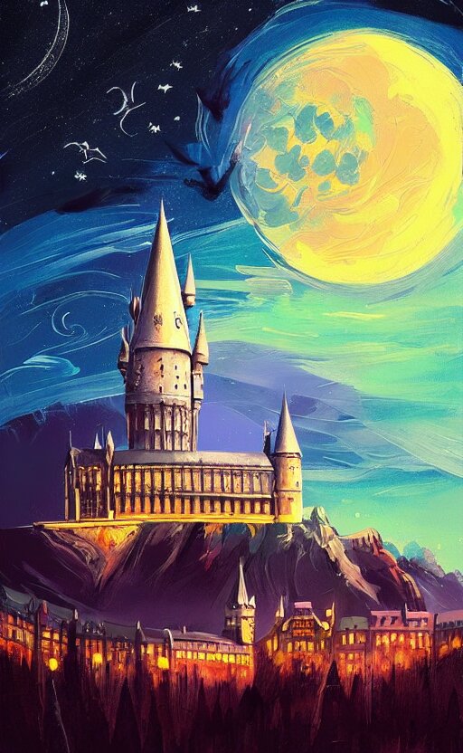 Beautiful Illustration of Hogwarts at Night, Art of Alena Aenami, Featured on ArtStation, Vertical Orientation, Paint Brush Strokes, Expressionism, Brushstroke - Laden, breathtaking Clouds, Birds, Ocean, Beautiful Stars, Long Exposure, Big Moon Radius, Airy Midnight Magical Theme, Blue Purple gradient, Lens Flare. Add a bird flying in the foreground, and have the sky be lit up by a fire in the distance