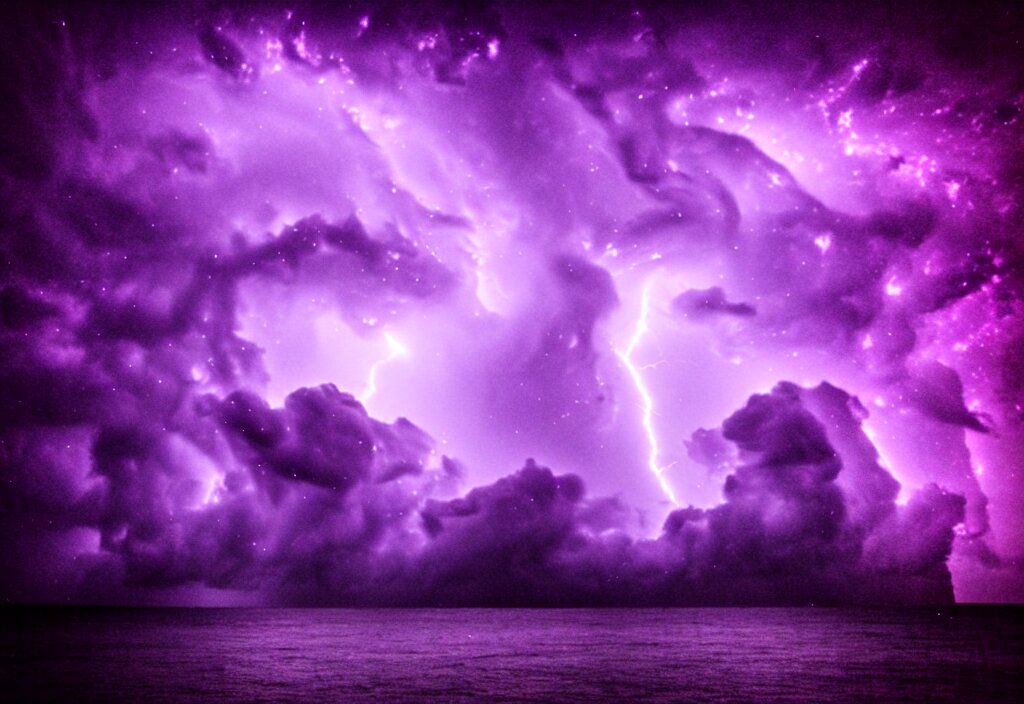 purple color lighting storm with stormy sea, pirate ship firing its cannons trippy nebula sky with dramatic clouds 50mm shot