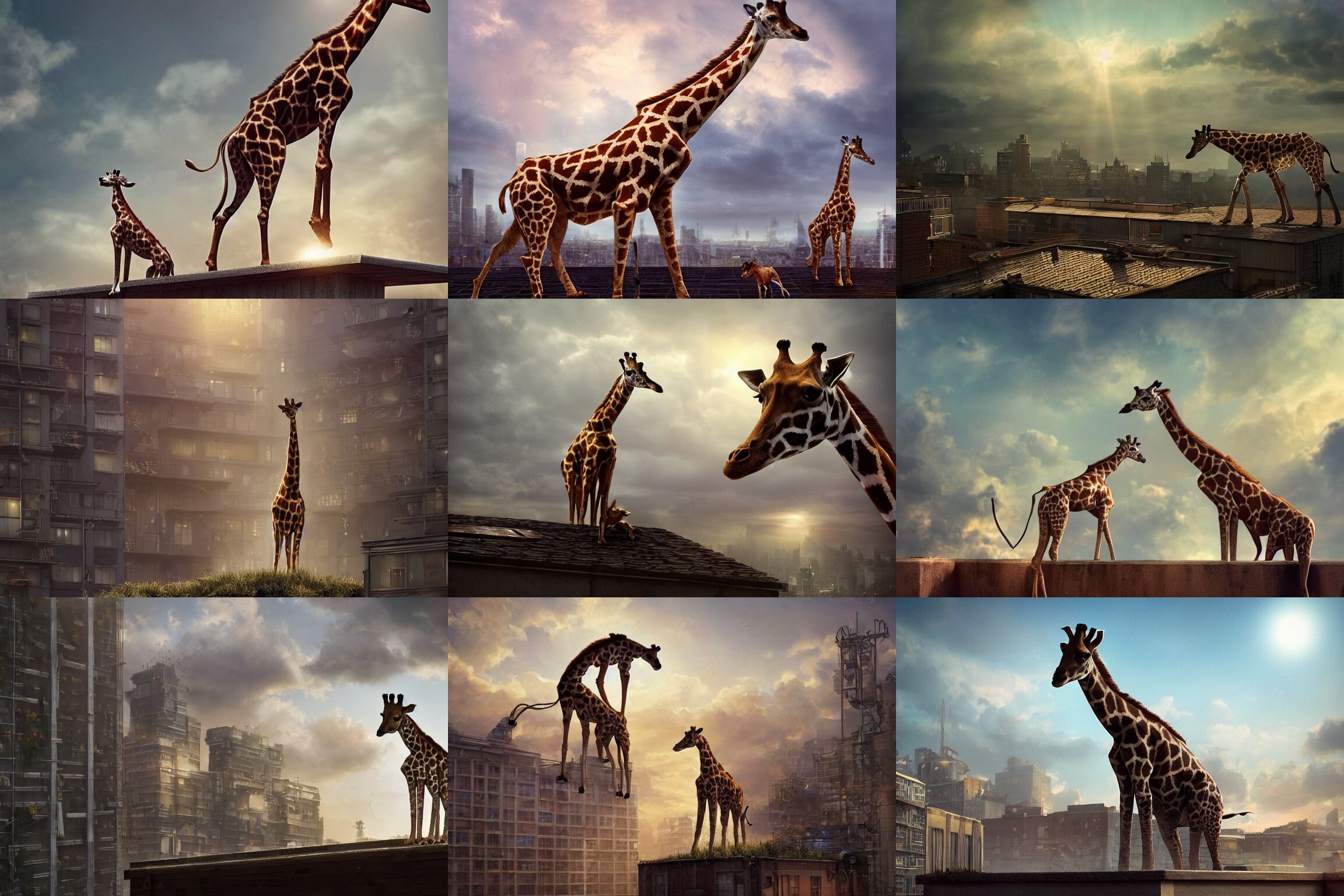 a dog standing on the rooftop, the dog looks like giraffe, giraffe head and giraffe body, fantasy, intricate, epic lighting, cinematic composition, hyper realistic, 8 k resolution, unreal engine 5, by artgerm, tooth wu, dan mumford, beeple, wlop, rossdraws, james jean, andrei riabovitchev, marc simonetti, artstation 