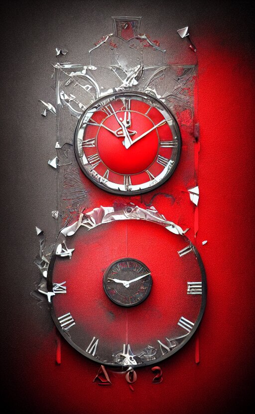 a melting Roman numeral clock, behind a red and black gradient background, with a black heart shaped on the top left corner and a black diamond card shape in the bottom right corner, dynamic lighting, photorealistic fantasy concept art, trending on art station, stunning visuals, cinematic, creative, ultra detailed. Add in a digital read out, to show the time