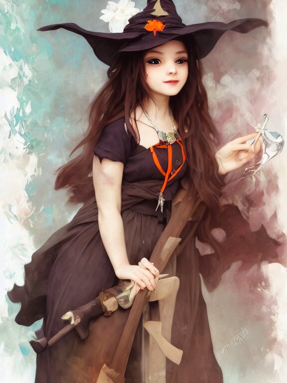 full shot cute mischievous young witch about to get up to some trouble, latin american fashion, floral patterns, black and orange palette, magic, latina girl, brown skin. defined facial features, symmetrical facial features. smiling. by ruan jia and artgerm and range murata and wlop and ross tran and william - adolphe bouguereau, key art, fantasy illustration, award winning, artstation, intricate details, realistic, hyperdetailed, 8 k resolution